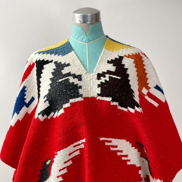 Vintage Navajo Southwest Woven Blanket Shawl Poncho Wrap, Red Black Blue Yellow - Picture 3 of 10
